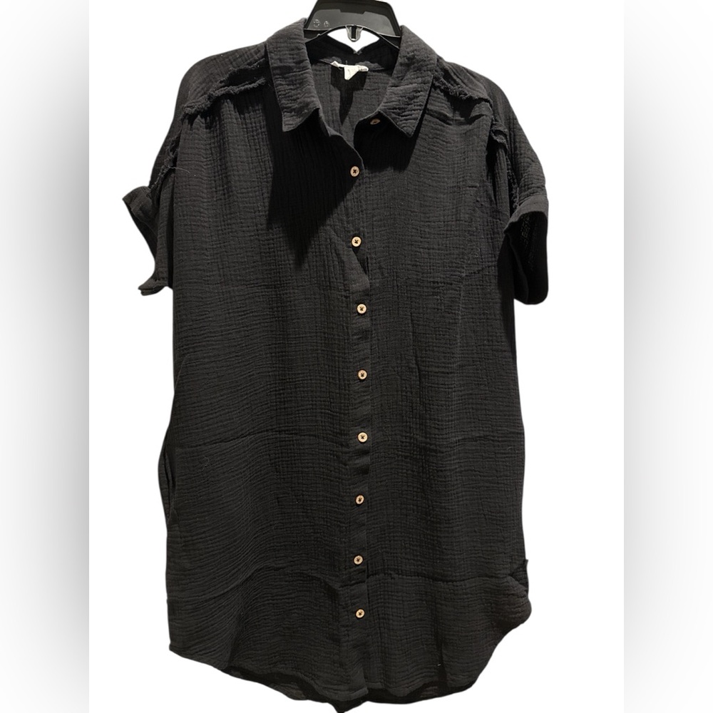 Tribal Sport XS 100% Cotton Black Swim Coverup NWT Brown Buttons S/S